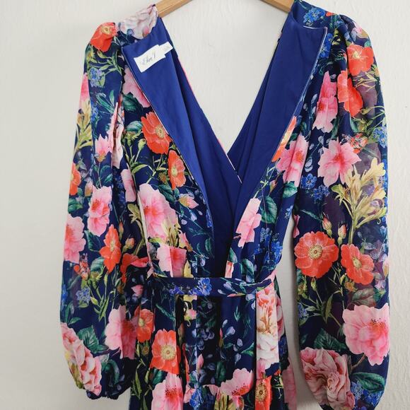Eliza J Floral Maxi Dress 0 | Navy Multi Surplice Long Sleeve Elegant Gown - Picture 15 of 15